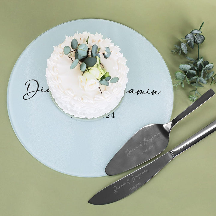 Herz &amp; Heim® WMF Tortenbesteck zur Hochzeit mit passendem Tortenteller, personalisiert, Motivauswahl