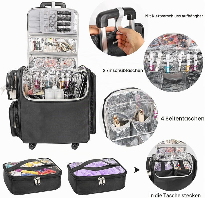Rolling Kosmetikkoffer, Friseur Reisetasche mit 4 Rädern, Wärmedämmung volle Schicht, justierbare Te