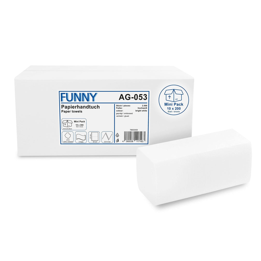Funny Papierhandtücher 2-lagig, ZZ/V-Falz, 24 x 21 cm, hochweisse Handtücher,MINI Pack 2000 Blatt, A