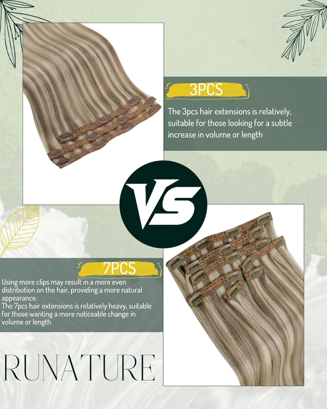 RUNATURE Echthaar Extensions Clip in Remy Haar Clip in Seidig Echthaar Aschbraun mit Platinblond Cli