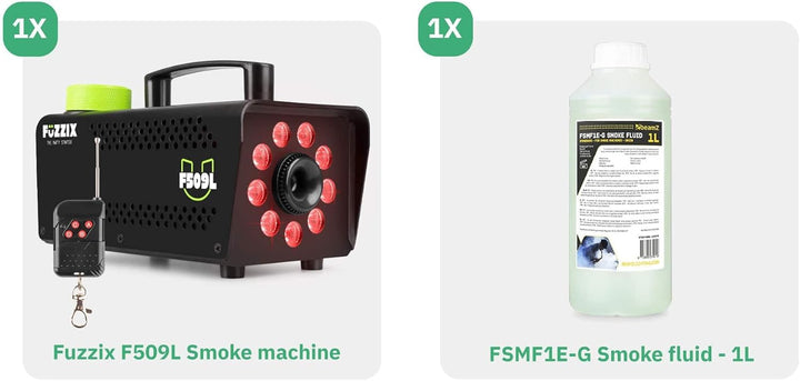 Fuzzix F509L Nebelmaschine Mini mit LED Lichteffekt und 1 Liter Nebelfluid, 500 Watt mit Fernbedienu