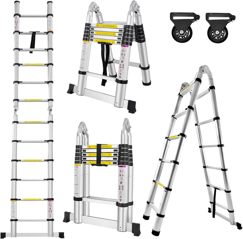 TRMLBE Teleskopleiter Klappleiter 3,8 m Ausziehleiter Leiter Ausziehbar Aluminium mit Stabilisator u