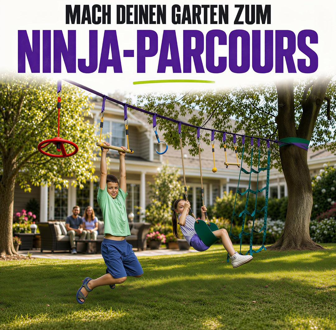 Ninja Warrior Obstacle Course for Kids Workout Equipment, 2 x 55ft Slacklines with 10 Weatherproof &amp;
