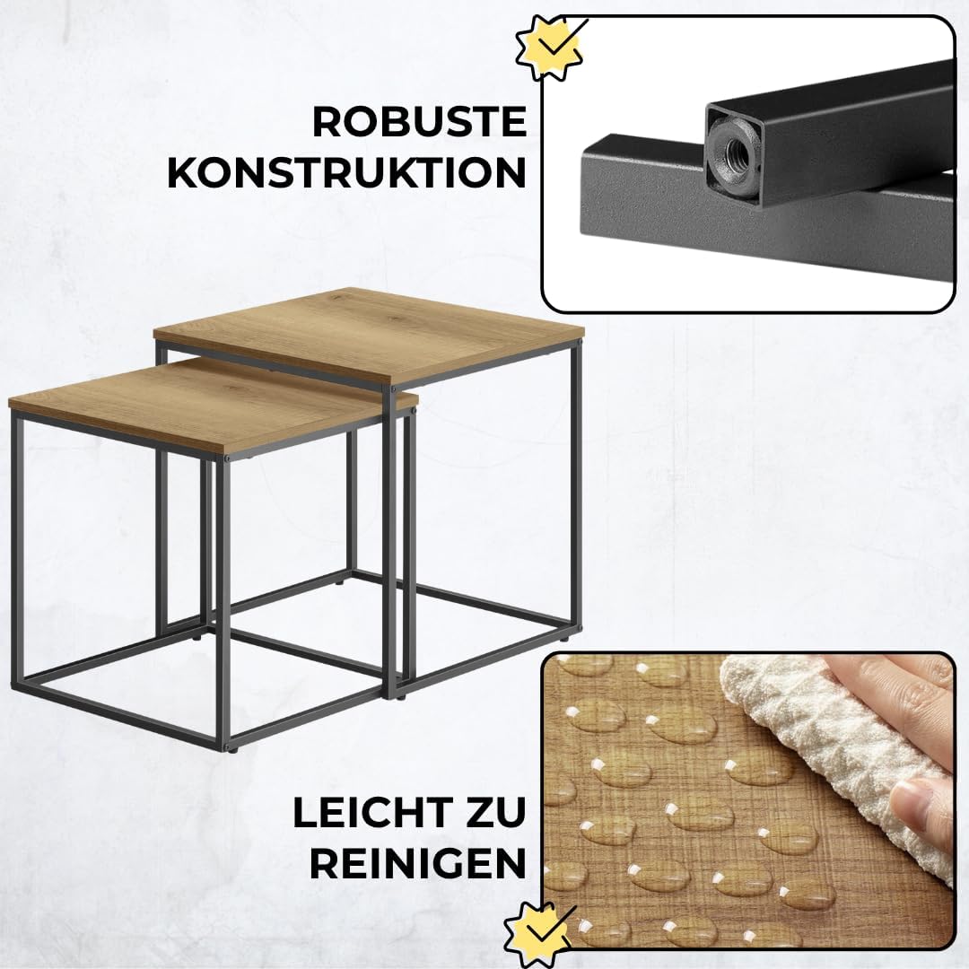 FORTENA Set mit 2 Couchtischen Beistelltisch Wohnzimmertisch Schwarz oder Gold Metall Quadratisch (E