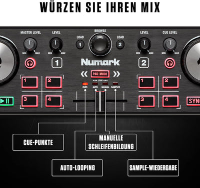 Numark DJ Mini Paket - DJ2GO2 Touch Mini DJ Controller mit 2-Deck USB DJ Pult, Audio Interface, kapa