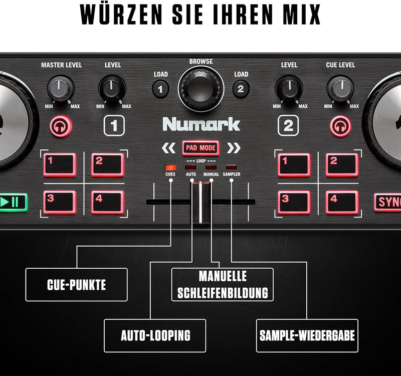 Numark DJ2GO2 Touch – Mini DJ Controller für unterwegs - 2-Deck USB DJ Pult mit Audio Interface und