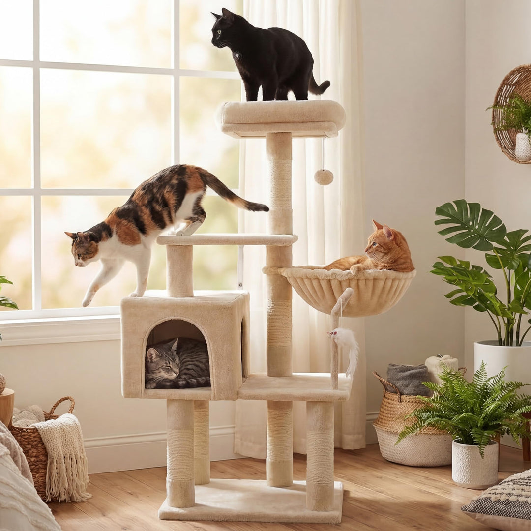 Hey-brother Kratzbaum, 111 cm Katzenbaum mit Spielzeug, Katzenkratzbaum mit Plattform, Hängematte un