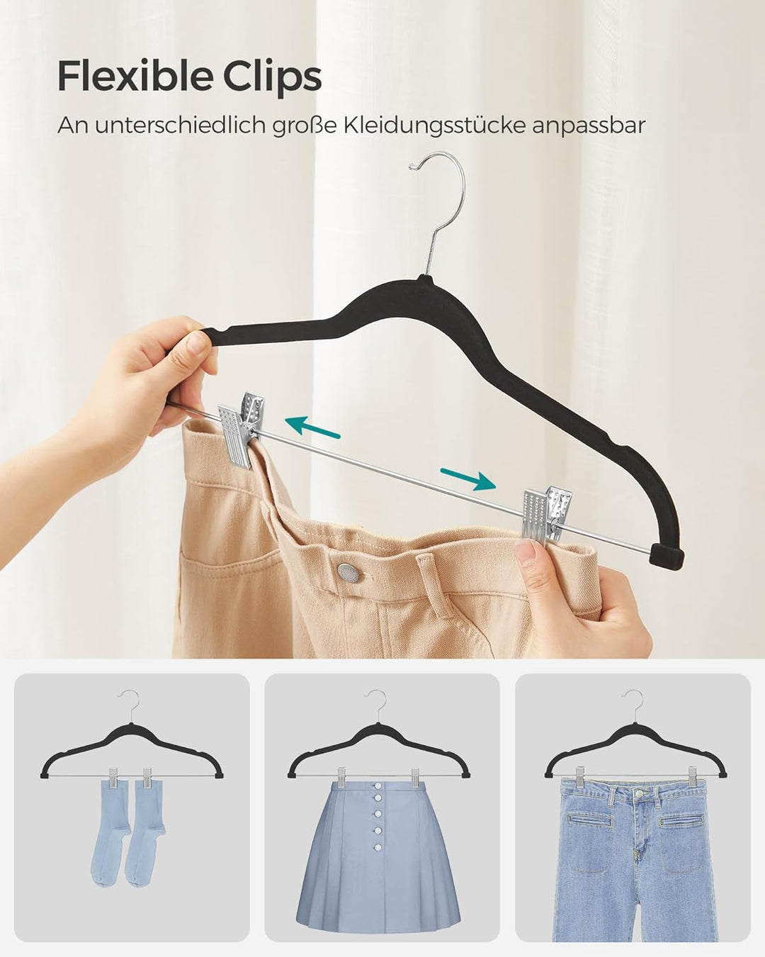 SONGMICS Kleiderbügel Samt, 10er Set, Rockbügel, 42,5 cm breit, mit verstellbaren Clips, rutschfest,