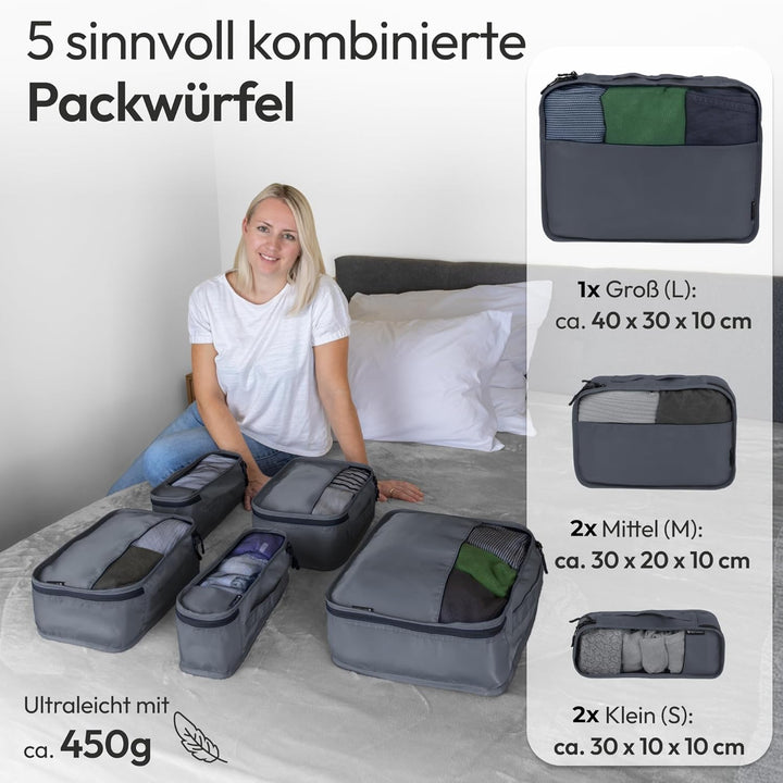 Packing Cubes 5-teilig – robustes Koffer Organizer Set aus strapazierfähigem Twill mit YKK-Zippern –