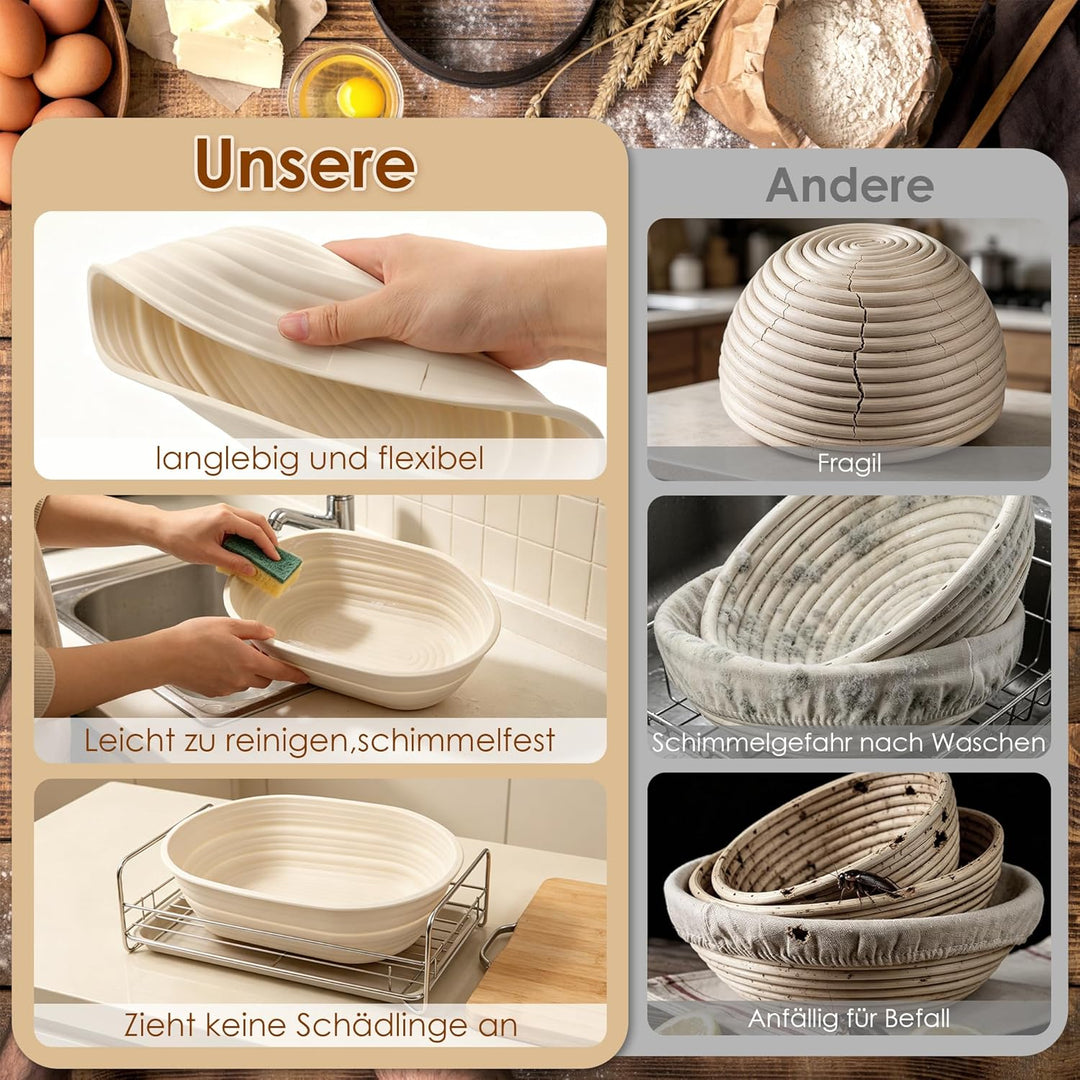 Gärkörbchen Gärkorb Set 25 cm Runde & 23cm Oval,Brot Backen Zubehör,Brot Gärkorb mit 5 Bäckermesser,