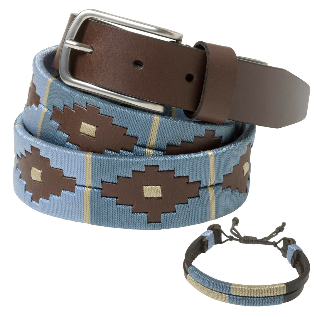 Argentinischer Ledergürtel mit passender Schnur und Lederarmband. Auf Leder gestickter Gürtel für Mä