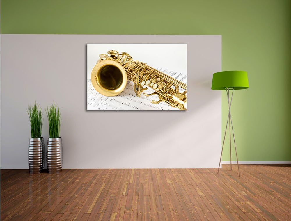 Saxophon auf Notenpapier, Format: 100x70 auf Leinwand, XXL riesige Bilder fertig gerahmt mit Keilrah