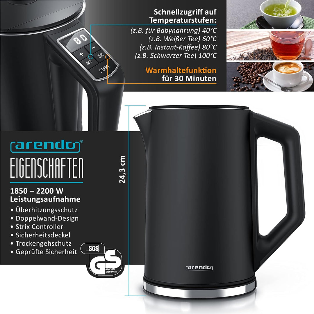 Arendo - Set Wasserkocher ELEGANT mit Eierkocher SIXCOOK Edelstahl Schwarz, Wasserkocher 1,5L 40° -