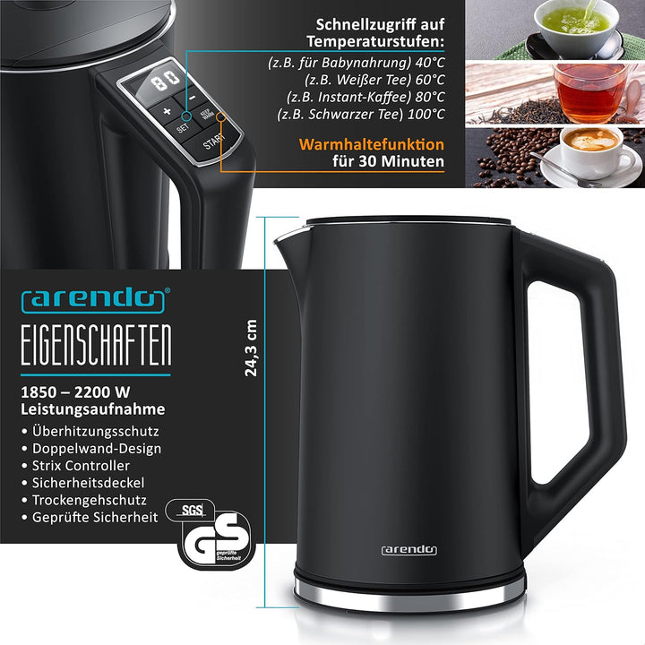 Arendo - Set Wasserkocher ELEGANT mit Eierkocher SIXCOOK Edelstahl Schwarz, Wasserkocher 1,5L 40° -