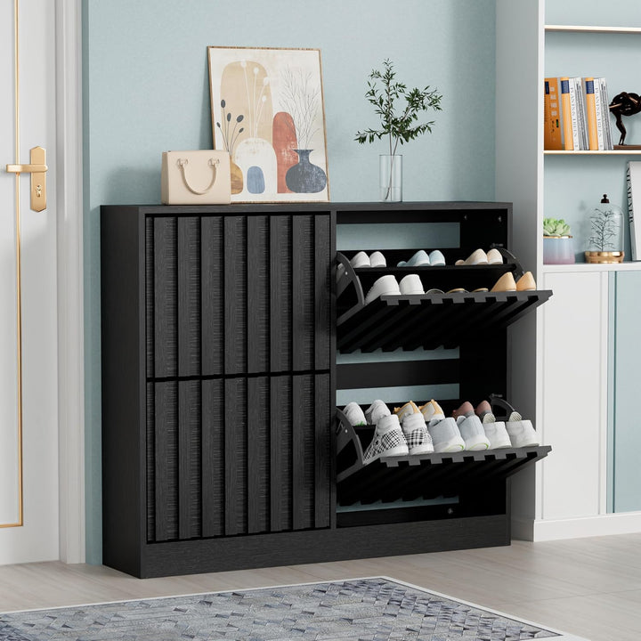 UEV Schuhschrank mit 4 Klappen Holz Schmal Schuhkipper Schuhkommode mit Kippschutz, Schuhaufbewahrun