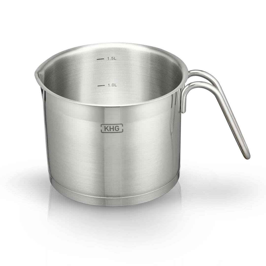 KHG Topf Kochtopf Milchtopf 14 cm Induktion, Edelstahl unbeschichtet | 11,5 cm hoher Rand, 1,5 Liter