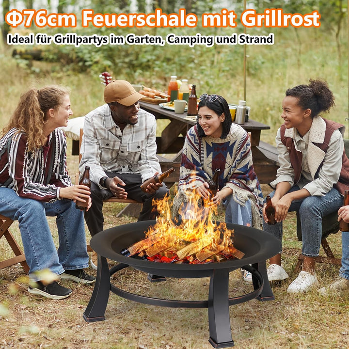 LIFERUN Φ76cm Feuerschale mit Funkenschutz & Grillrost, Feuerkorb mit 600D wasserdichte Oxford Abdec