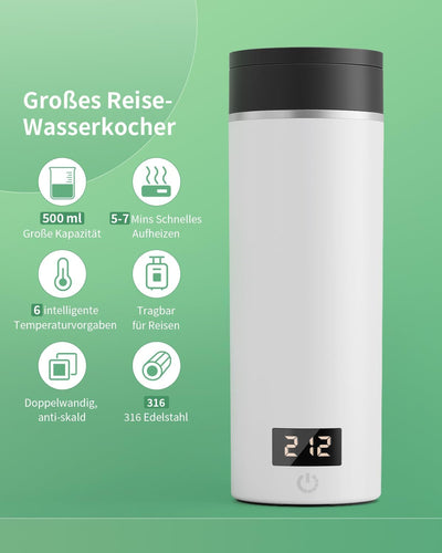 AIRMSEN Wasserkocher Klein mit 6 Temperatureinstellung, 500ml Mini Elektrischer Wasserkocher mit SUS