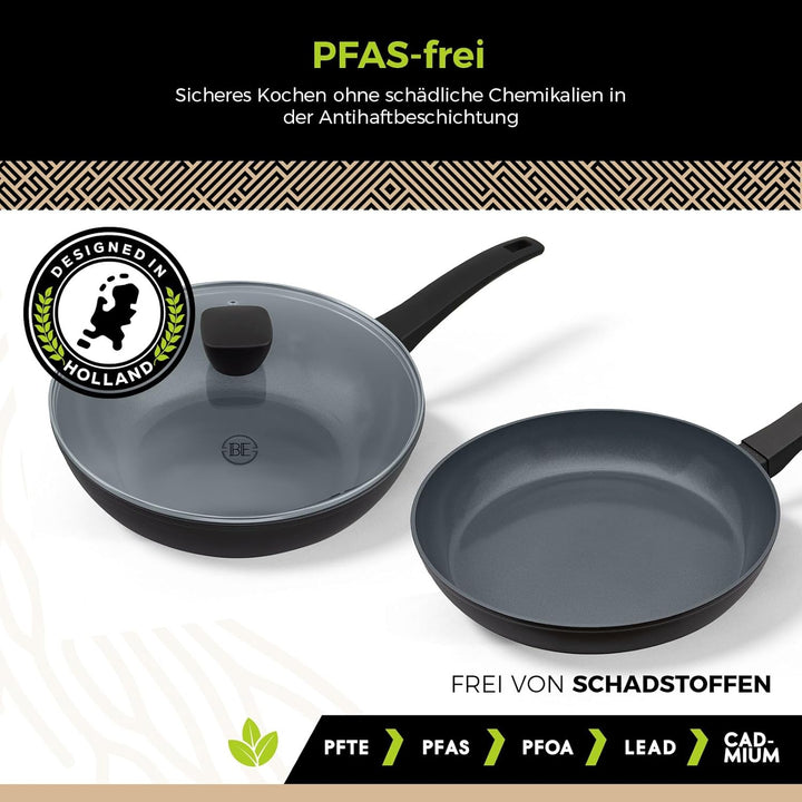 Be Living Pfannenset 4-teilig – Ø 24 & 28 cm Bratpfanne + Sauteuse + Wokpfanne mit Deckel – Bratpfan
