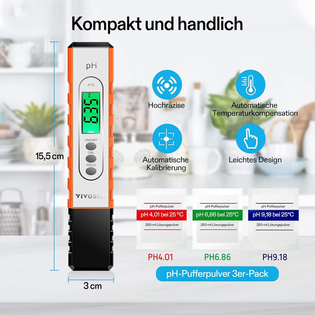 VIVOSUN Digitales pH-Meter mit ATC und 0,01 pH Hoher Genauigkeit, pH-Messgerät mit 0-14 pH-Messberei