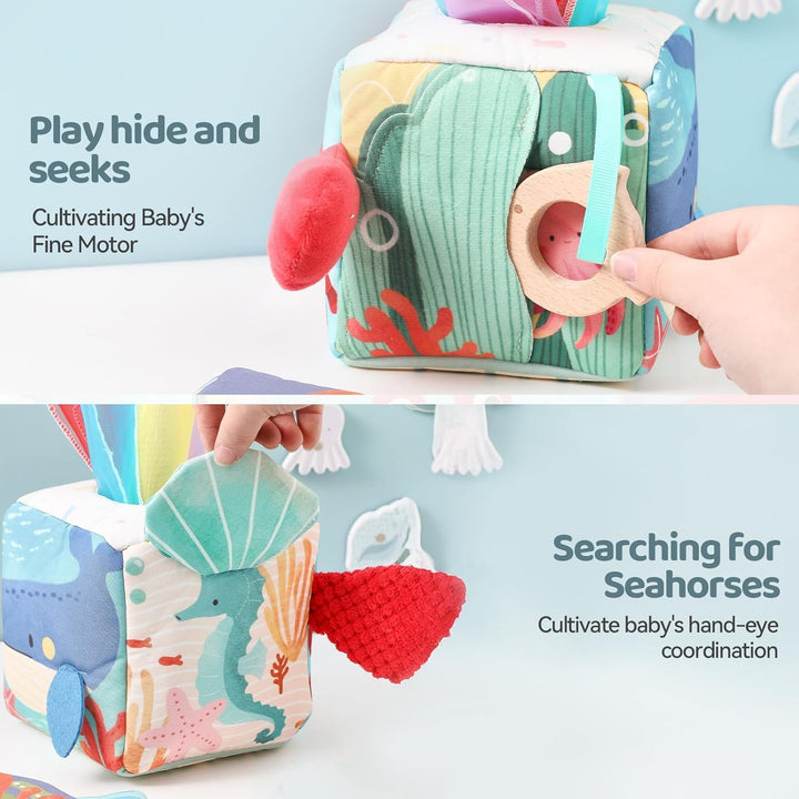 WOODEN TEETHER Baby Tissue Box Toy 6-12 Monate Montessori Sensorik Spielzeug, Fördert Sensorische &
