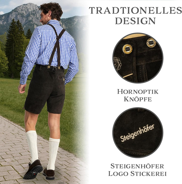 STEIGENHÖFER Lederhose Herren Tracht kurz - Anton - Trachtenhose mit Trägern - 100% Rindsleder - Tra