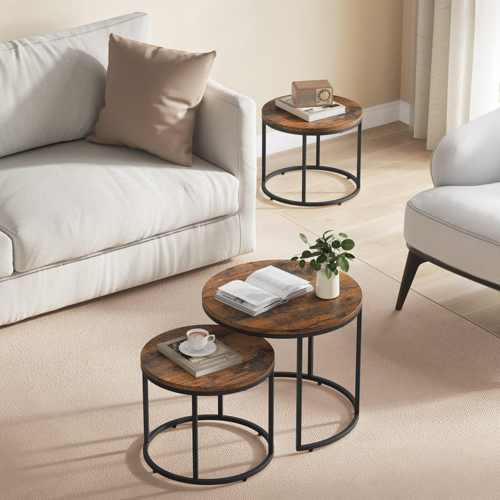 NMK HOME Couchtisch Holz Rund 2er Set 43/53 cm - Runder Couch Tisch - Industrielle Satztische Rustik
