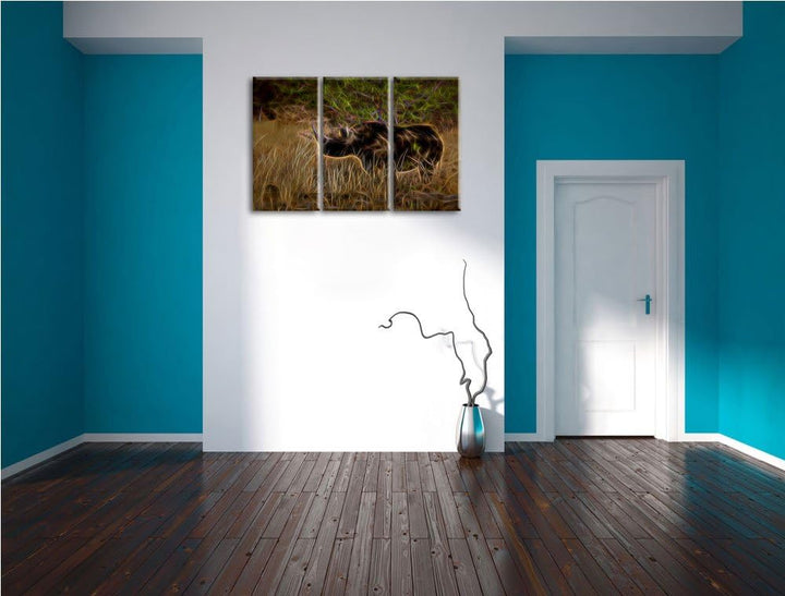 Nashorn in der Savanne NewArt 3-Teiler Leinwandbild 120x80 Bild auf Leinwand, XXL riesige Bilder fer