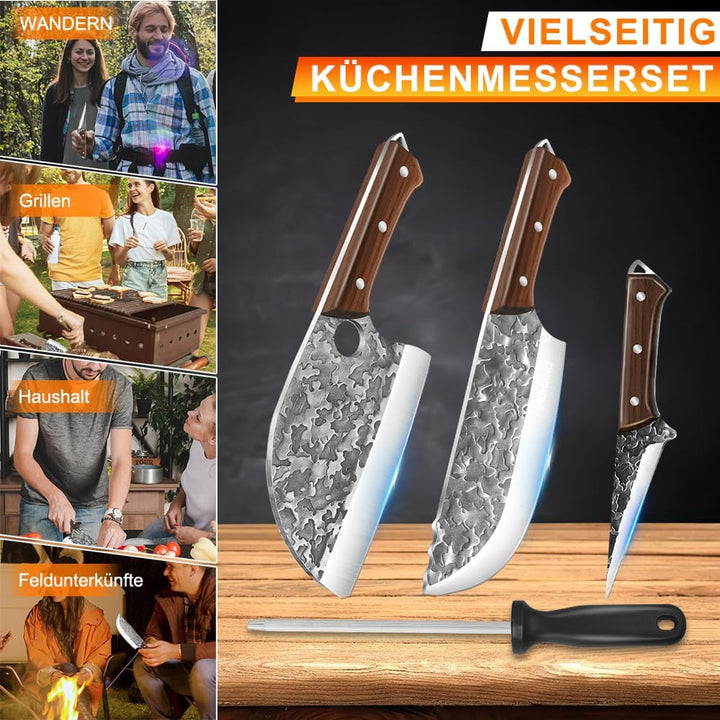 MDHAND Metzgermesser Set 3-teilig Handgeschmiedetes Serbisches Kochmesser Set mit Ausbeinmesser & Ha