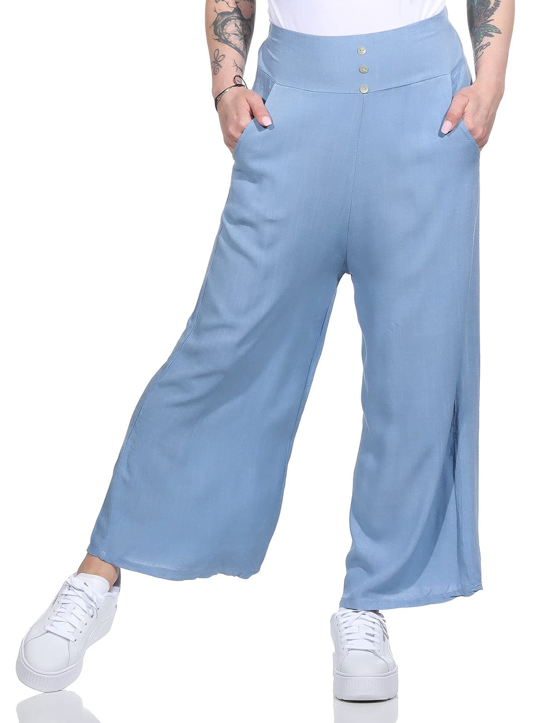 ZARMEXX Damen Hose Marlenehose Palazzo luftige Sommerhose Boho Hippie 7/8 Schlaghose 36-40 Jeansblau