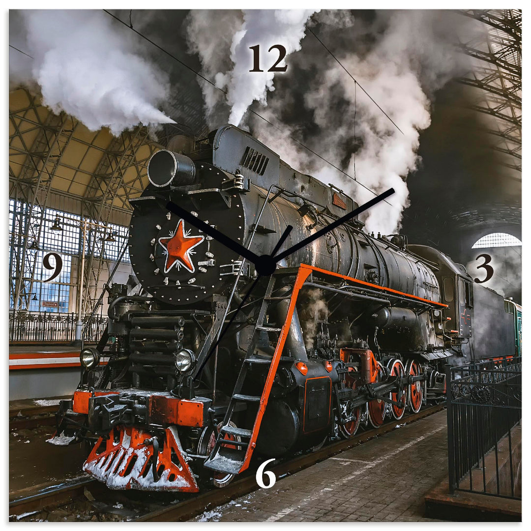 ARTLAND Wanduhr ohne Tickgeräusche Leinwand Funkuhr 30x30 cm Quadratisch Lautlos Lokomotive Eisenbah