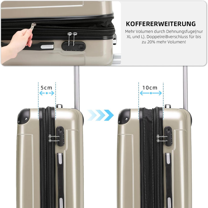 BEIBYE Hartschalen Koffer Trolley Rollkoffer Reisekoffer 4 Zwillingsrollen Polycabonat (Champagner,