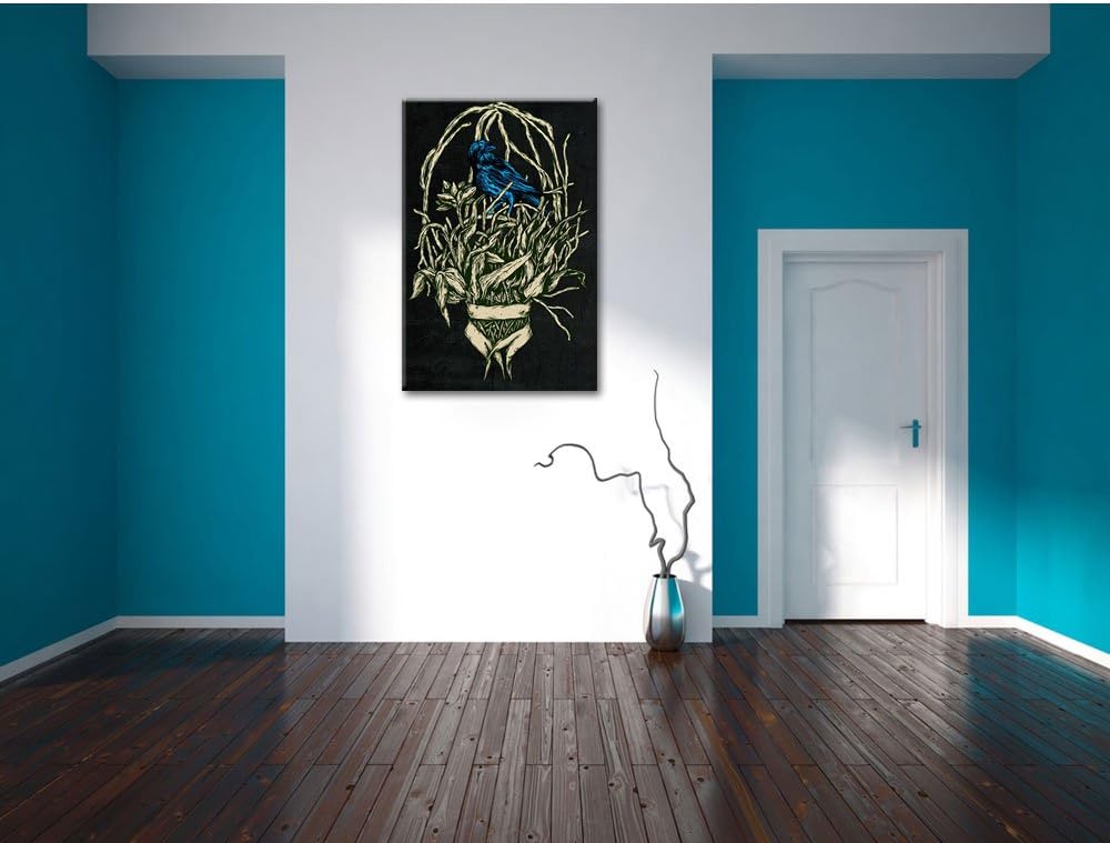 Dark Blue Bird black Bild auf Leinwand, XXL riesige Bilder fertig gerahmt mit Keilrahmen, Kunstdruck