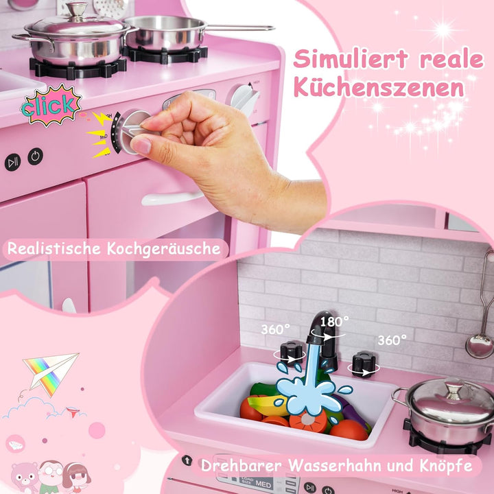GOPLUS Kinderküche aus Holz, Kinderspielküche mit Mikrowellen, Backofen, Wasserbecken, Kreidetafel &