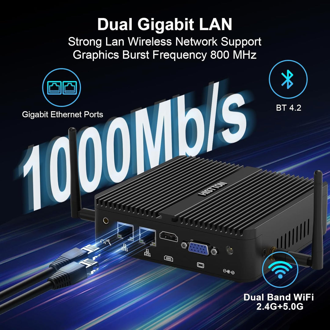 HISTTON Mini PC Lüfterlos Celeron J4125, DDR4 8GB RAM 128GB SSD, Industrie PC mit 2 RS232 COM, Dual