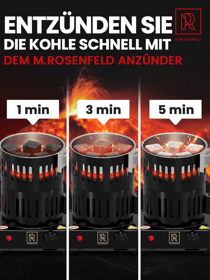 M. ROSENFELD Shisha Kohleanzünder Elektrischer 800W TURBO – Kohlenanzünder mit extra langem 150cm Ka