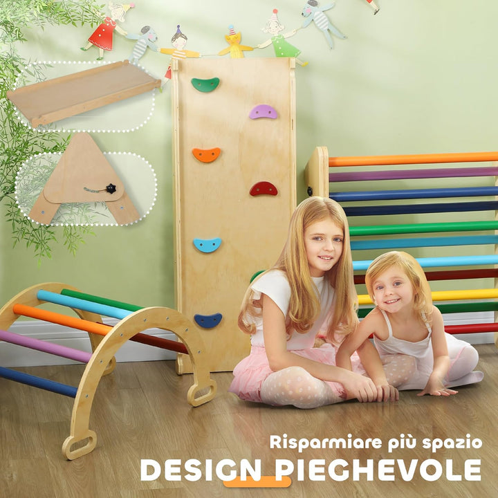AIYAPLAY 5-in-1 Montessori Klettergerüst Indoor Holz Kletterdreieck mit Kletterbogen, Rutsche Indoor