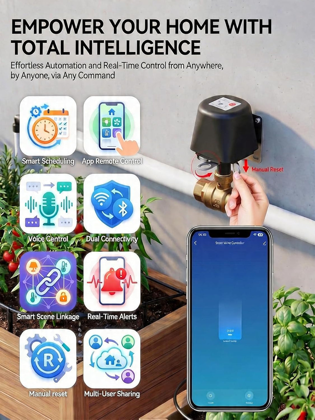 Smart Ball-Wasserventil, App-Steuerung, 4 Timer-Modi für automatische Steuerung, unterstützt 2,4-GHz