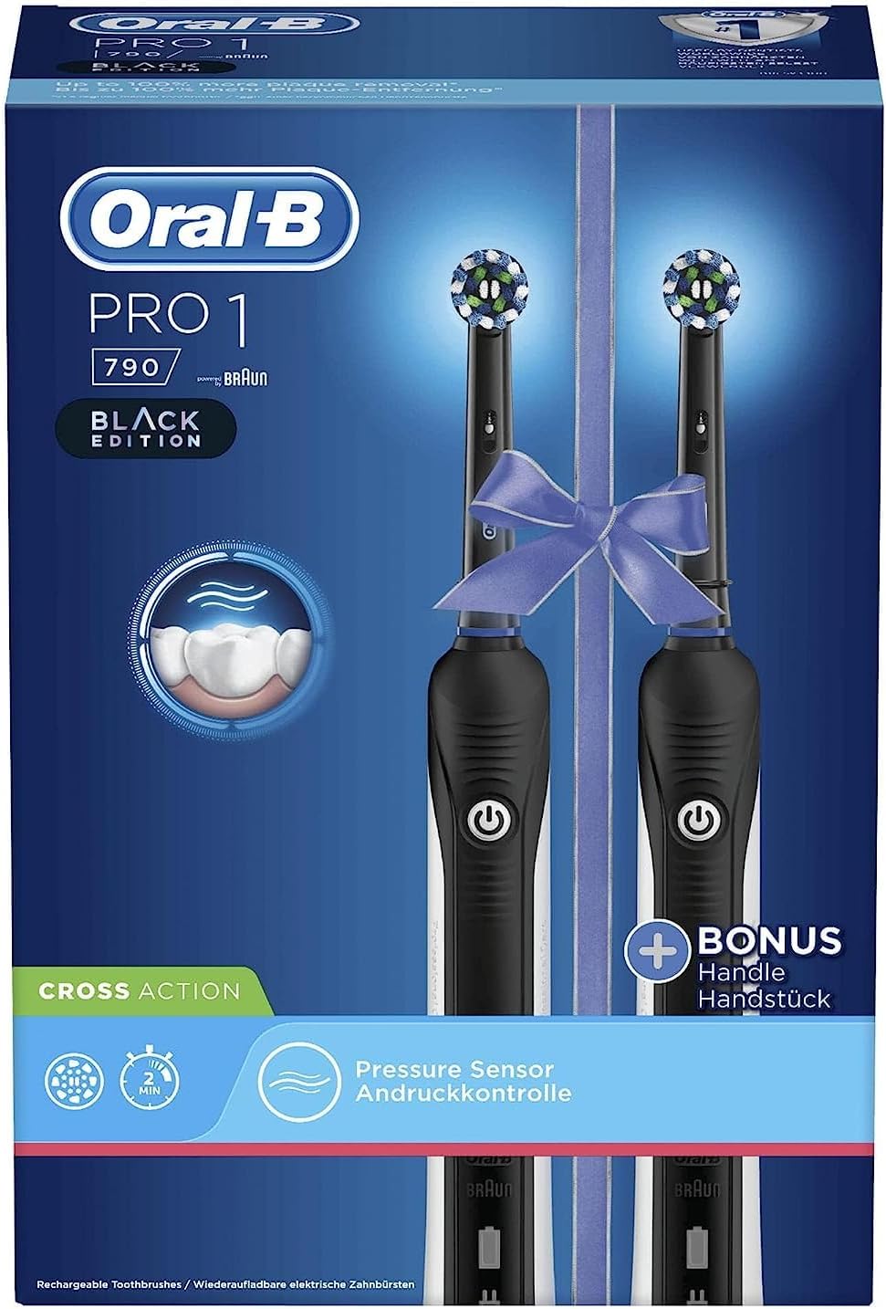 Oral-B Pro 1 790 Elektrische Zahnbürste, Doppelpack & 1 CrossAction Aufsteckbürste, Drucksensor & Ti