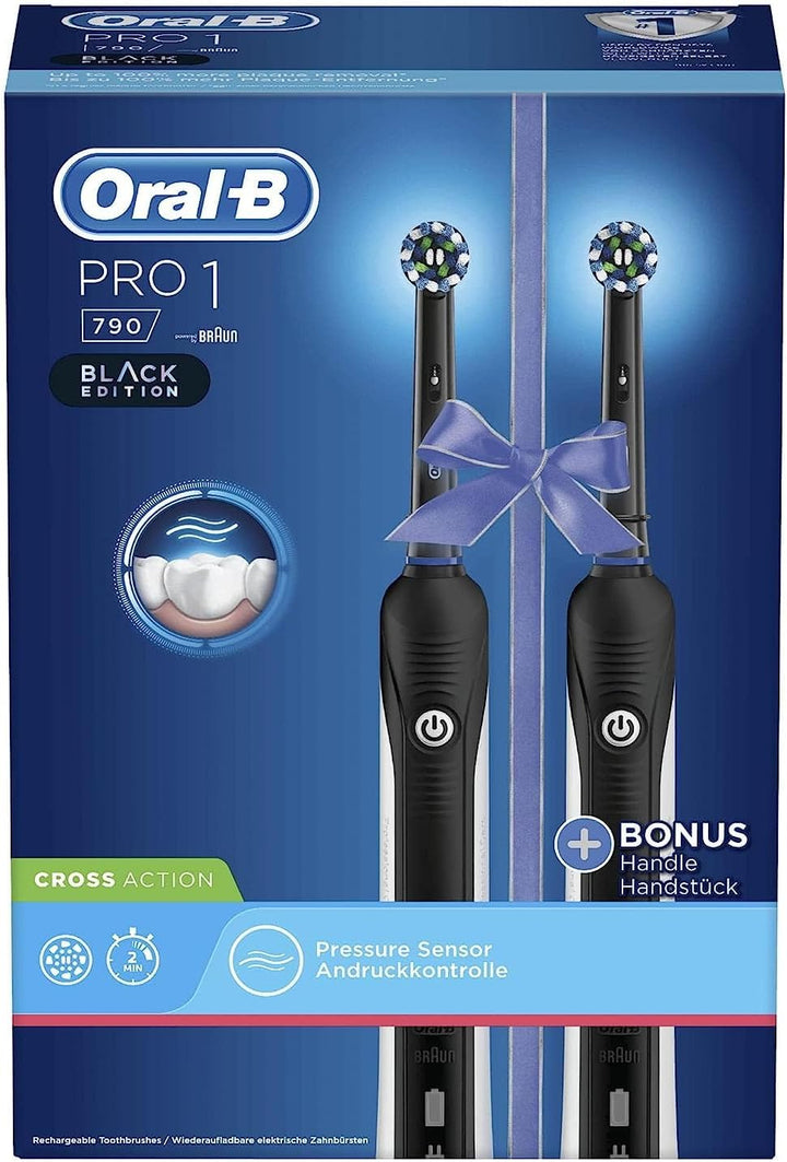 Oral-B Pro 1 790 Elektrische Zahnbürste, Doppelpack & 1 CrossAction Aufsteckbürste, Drucksensor & Ti