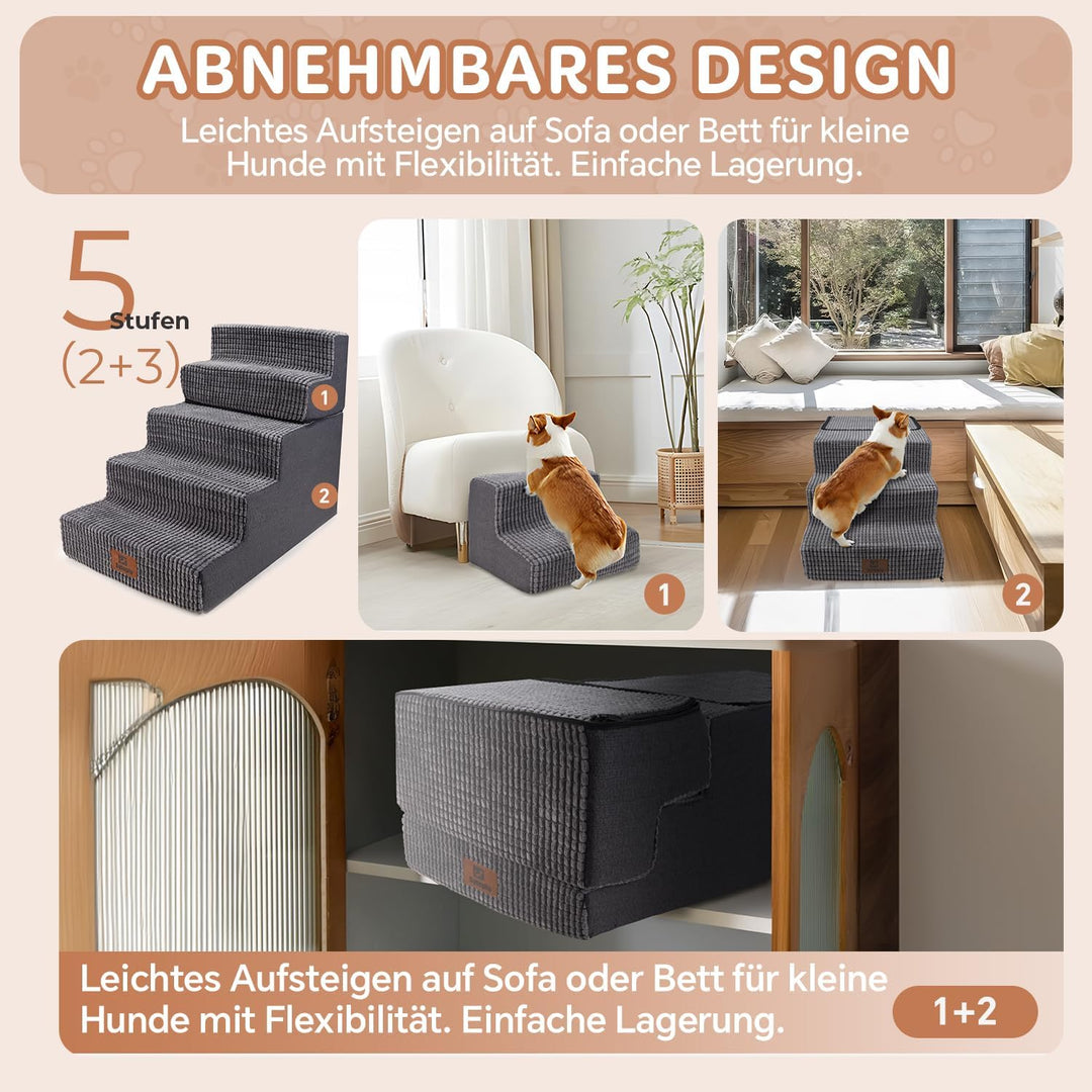 Sytopia Hundetreppe Grosse Hunde 5 Stufen Hoch, Hundetreppe für Bett 60cm, Haustiertreppe waschbar,