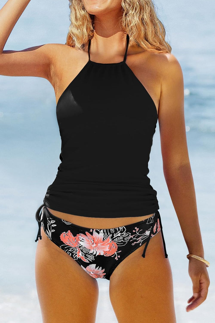 Beachsissi Damen Zweiteiler Badeanzüge Gepolsterter Kordelzug Seitliche Bademode Neckholder Leopard