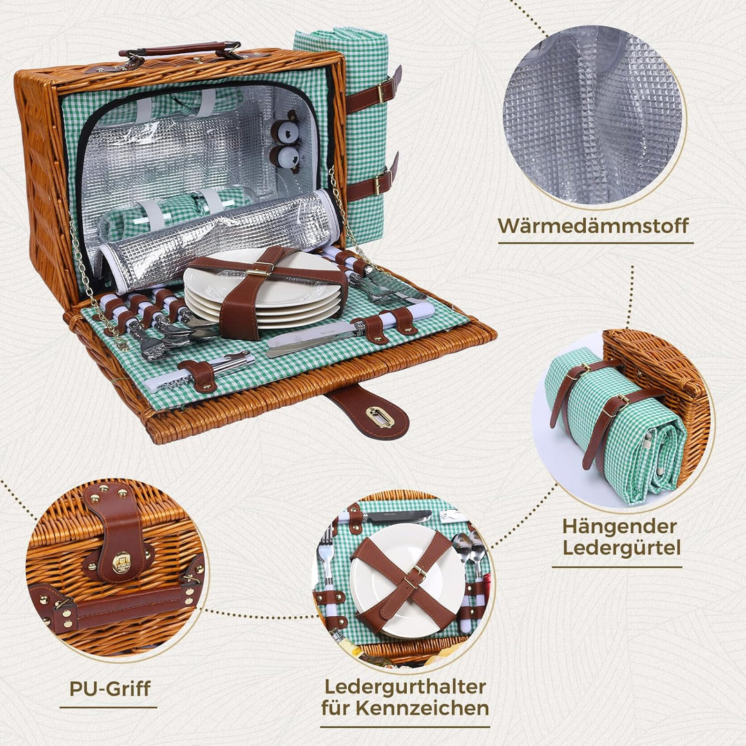 Picknickkorb Set für 4 Person mit Kühlfach und wasserdichte Picknickdecke, Abnehmbarer Riemen, Beste