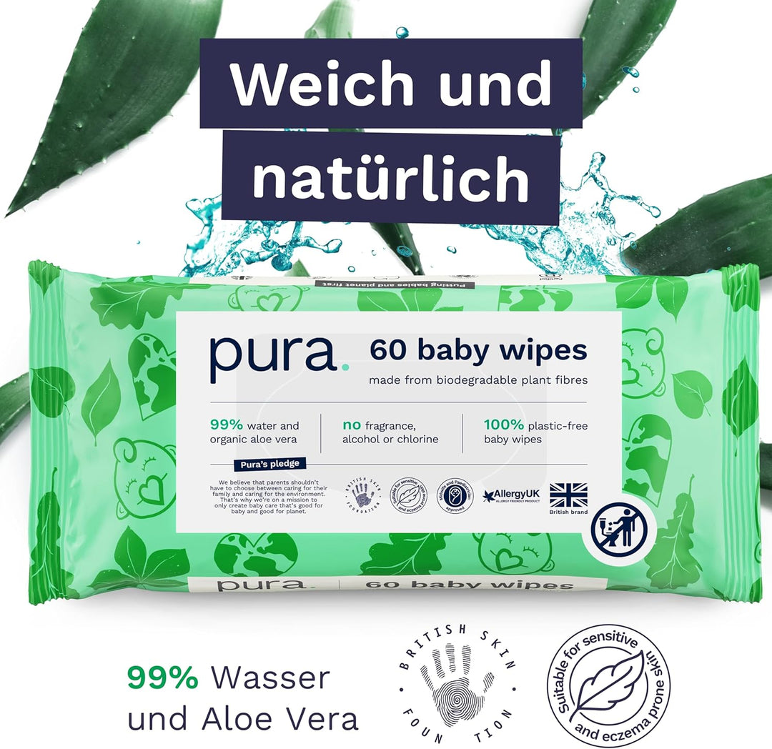 Pura Öko-Feuchttücher für empfindliche Babyhaut, 180 Tücher (3 x 60 Tücher), Monatsbox, 99% Wasser,