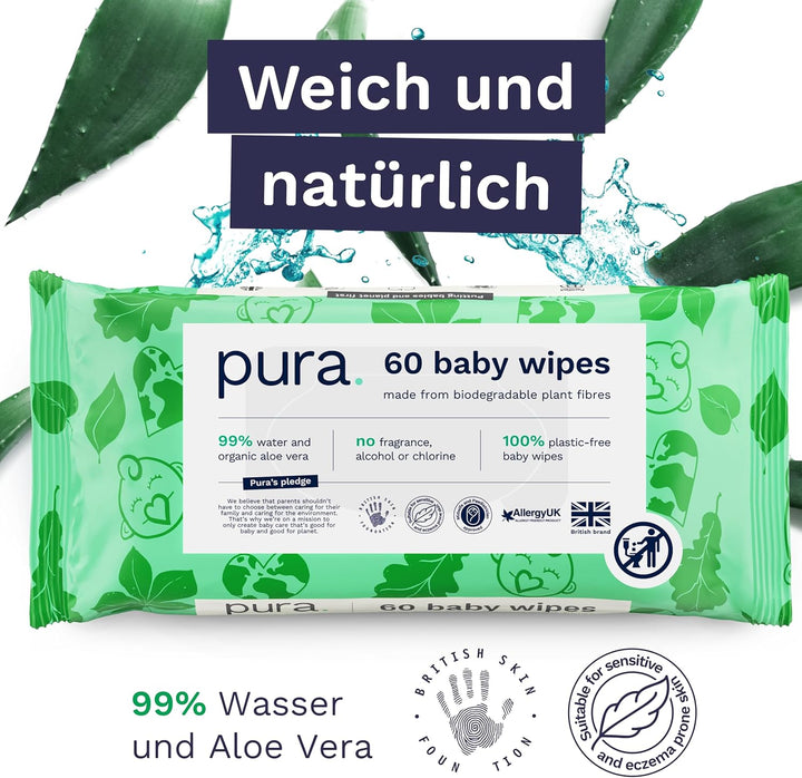 Pura Öko-Feuchttücher für empfindliche Babyhaut, 180 Tücher (3 x 60 Tücher), Monatsbox, 99% Wasser,