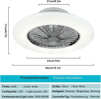 Depuley LED Deckenventilator mit Lampe Timer, Einstellbare Windgeschwindigkeit und Farbtemperatur, D