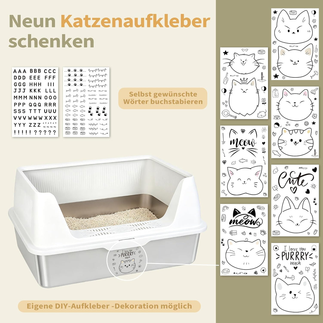 Katzenklo Edelstahl XXXL mit DIY-Aufkleber, 20L Katzentoilette Edelstahl mit Deckel, Grosse Kapazitä