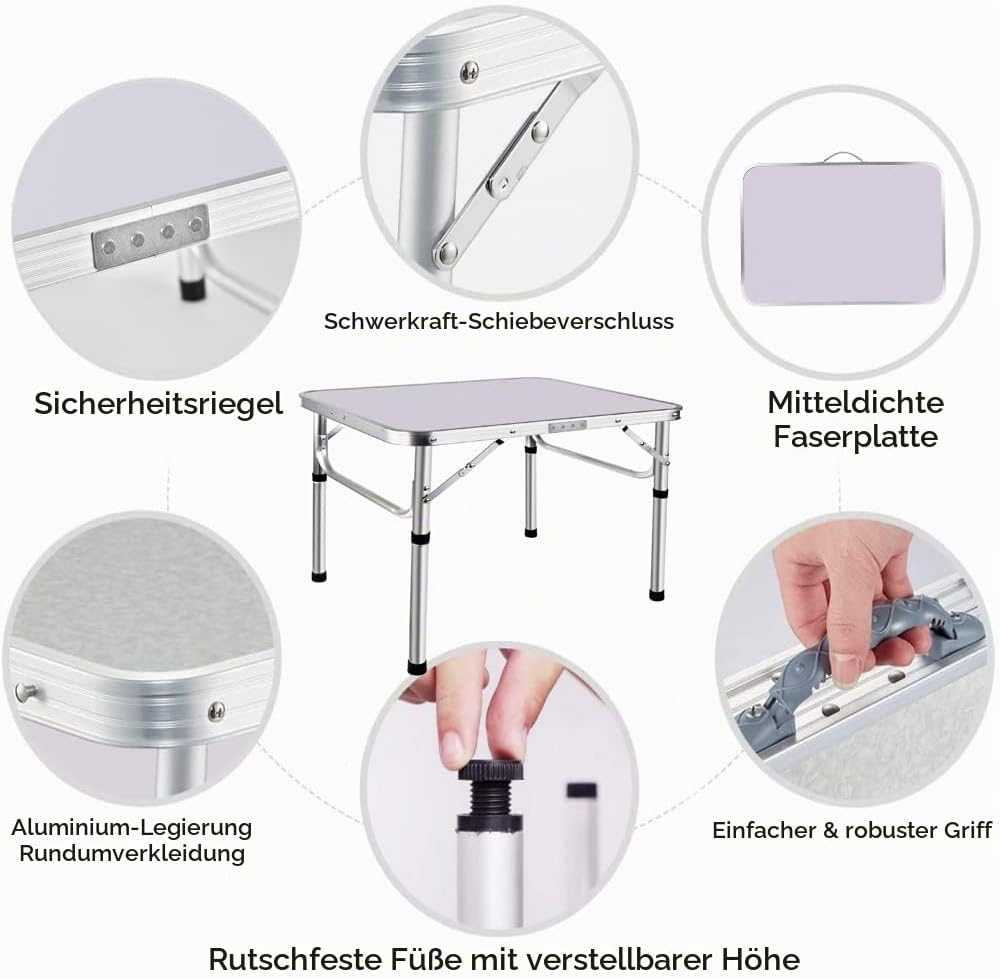 Klapptisch, höhenverstellbar, Picknicktisch, tragbarer Aluminium-Schreibtisch mit Griff, MDF-Tischpl