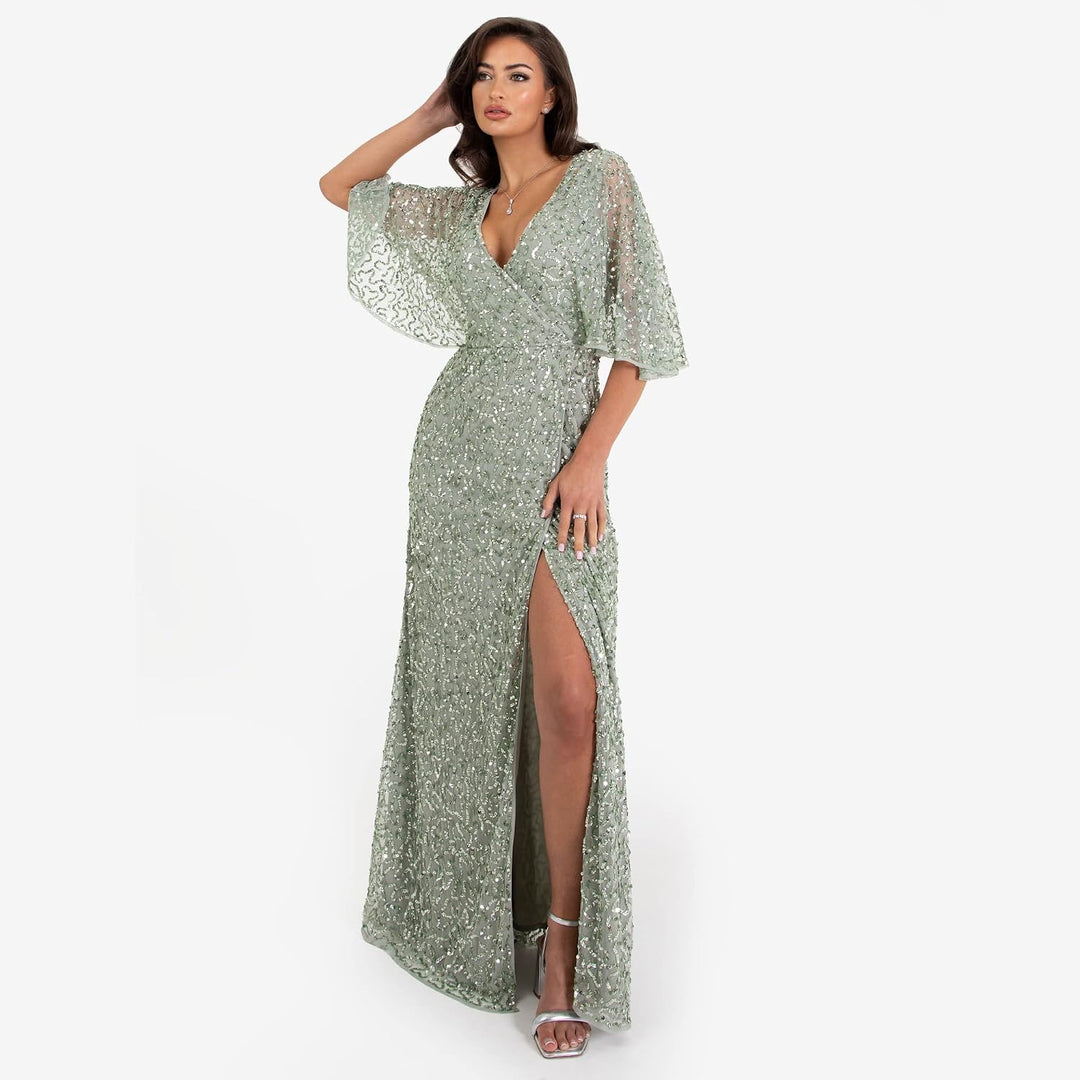 Maya Deluxe Damen Womens Maxi Dress Ladies Sequin Embellished Wrap A-line Dress for Wedding Guest Br