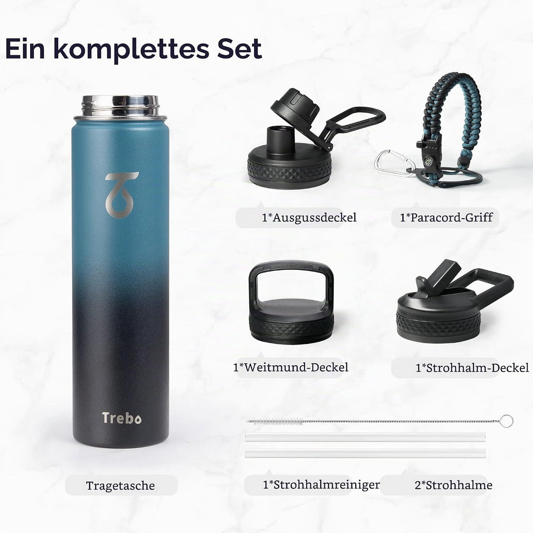 Trebo Trinkflasche Edelstahl, Thermosflasche mit Strohhalm mit Paracord-Griff &amp; 3 Deckeln, Edelstahl